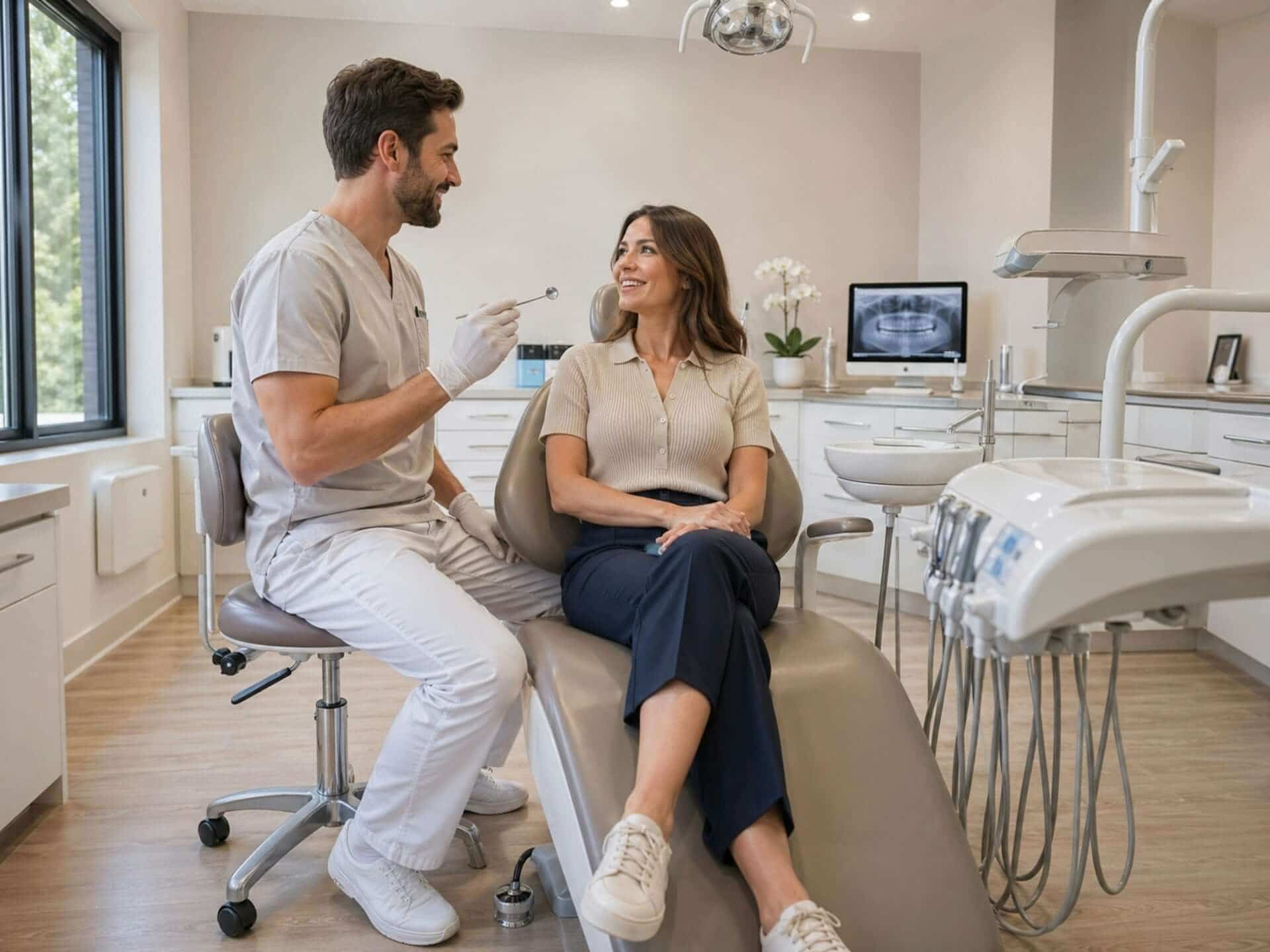 Dentist explaining composite fillings vs amalgam fillings to a patient